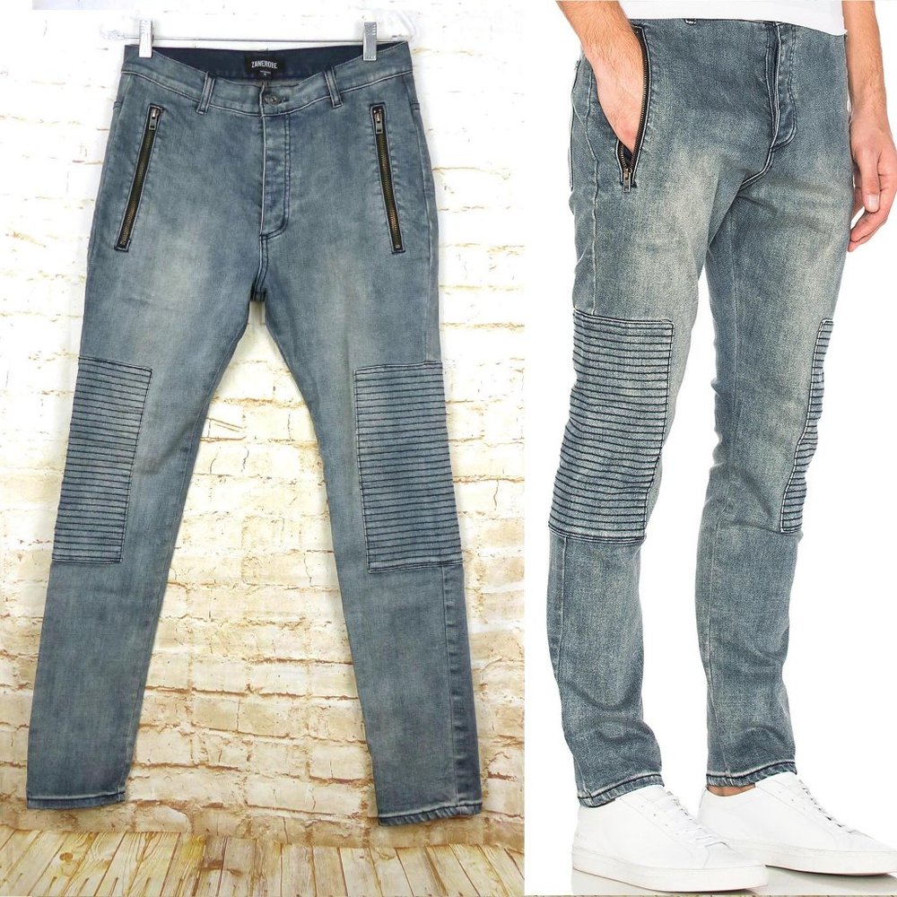 Zanerobe Joe Blow Zip Jeans Mens 30 Blue Washed Denim Slim Moto Button Fly